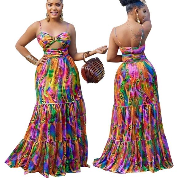 Goragal Summer Print Cutout Slip Long Boho Maxi Dress Orange Multi Color 2XL - Picture 3 of 17